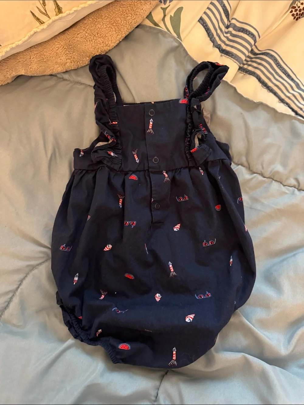 Carter's Navy Ruffle Strap Baby Romper with Red Accent Print